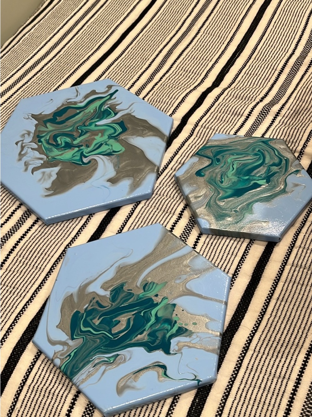Hand-Poured Hexagon Wall Art Set in Light Blue, Teal & Silver